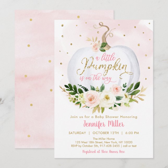 Invitation Petit Baby shower Floral rose Citrouille (Devant / Derrière)