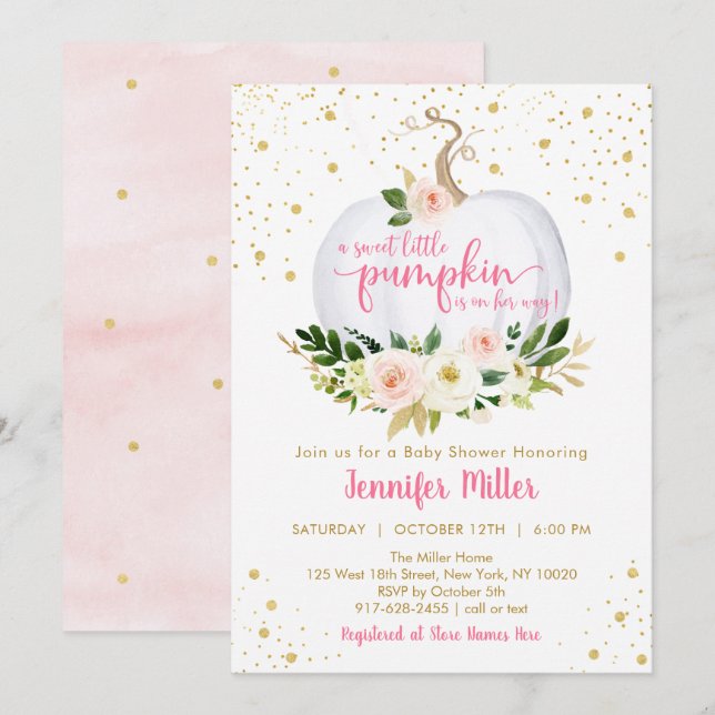 Invitation Petit Baby shower Floral rose Citrouille (Devant / Derrière)