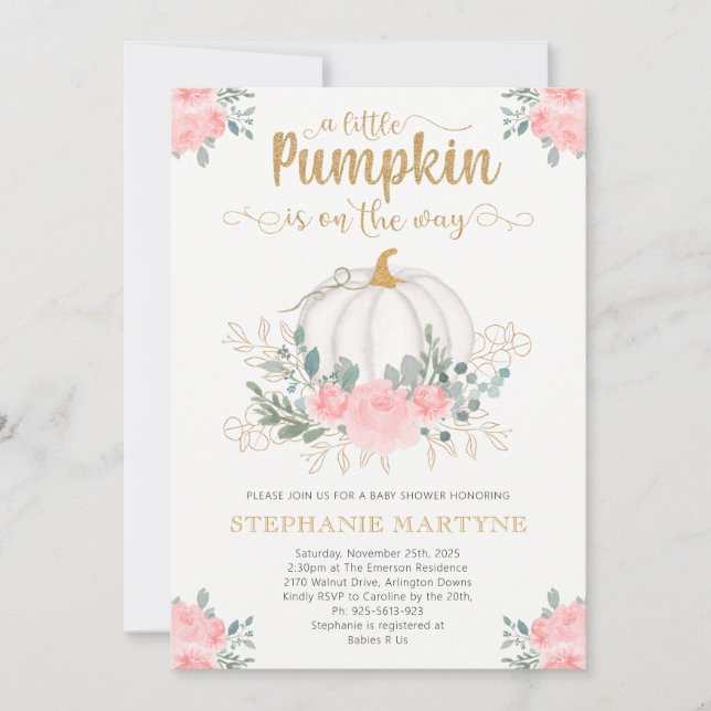 Invitation Petit Baby shower Floral rose or Citrouille (Devant)