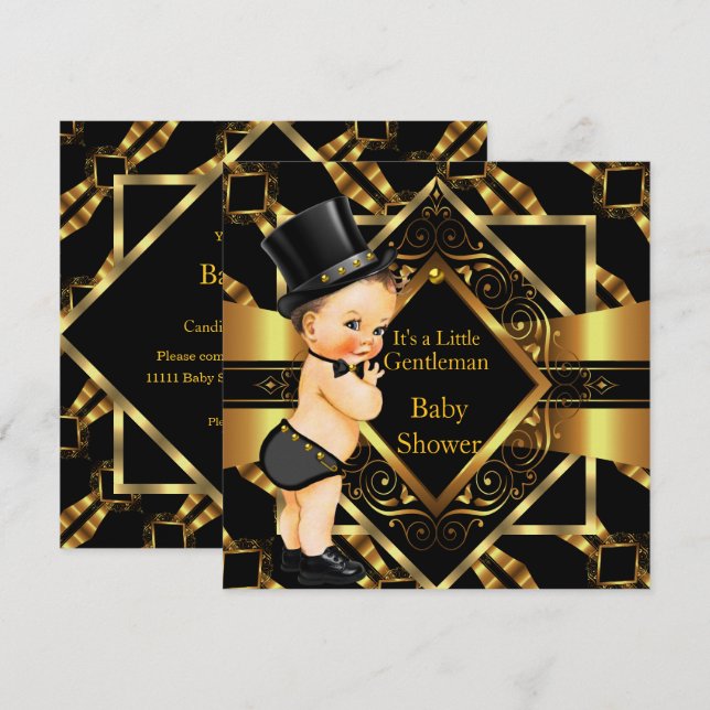 Invitation Petit Baby shower Gentleman Gold Black Brunette (Devant / Derrière)