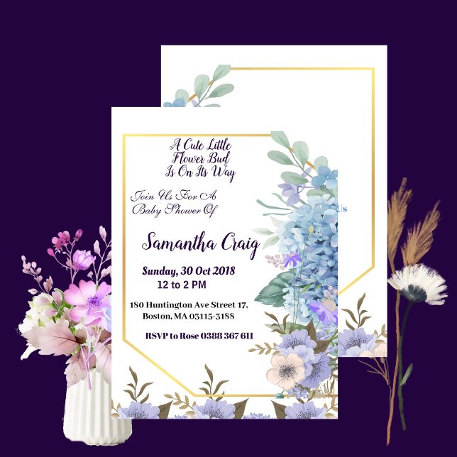 Invitation Petit Baby shower Hydrangea bleu doux (Soft Blue Little Flower Bud Hydrangea Baby Shower Invitation)