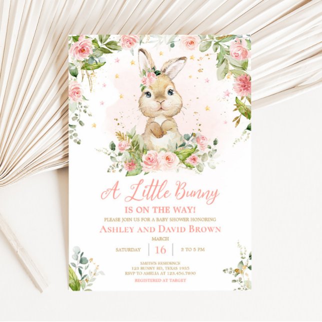Invitation Petit Baby shower lapin rose Floral (Girl Peter Rabbit Baby Shower Invitation)