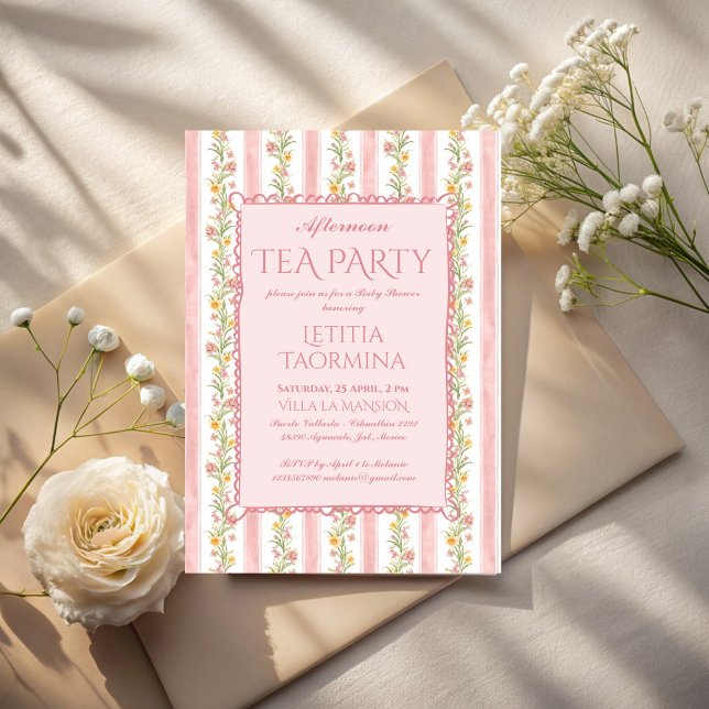 Invitation Petit baby shower millénaire pour la fête du thé d (Afternoon tea party grandmillenial baby shower invitation cards template stripped retro invites)