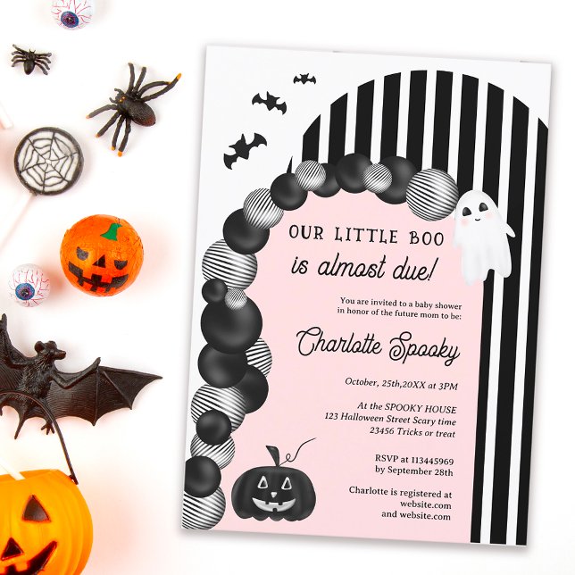 Invitation Petit baby shower noir blanc d'Halloween (Black white Halloween little boo baby shower Invitation pastel pink)