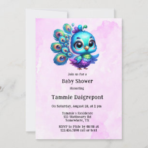 Invitation Petit Baby shower Peacock Rose-violet