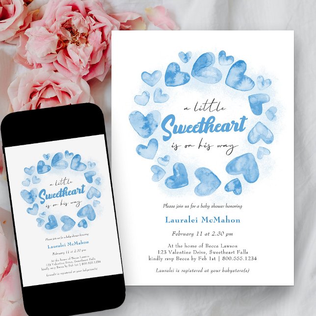 Invitation Petit Baby shower petit amour Blue Valentine Boy (Little Sweetheart Blue Love Heart Baby Shower Invitation)