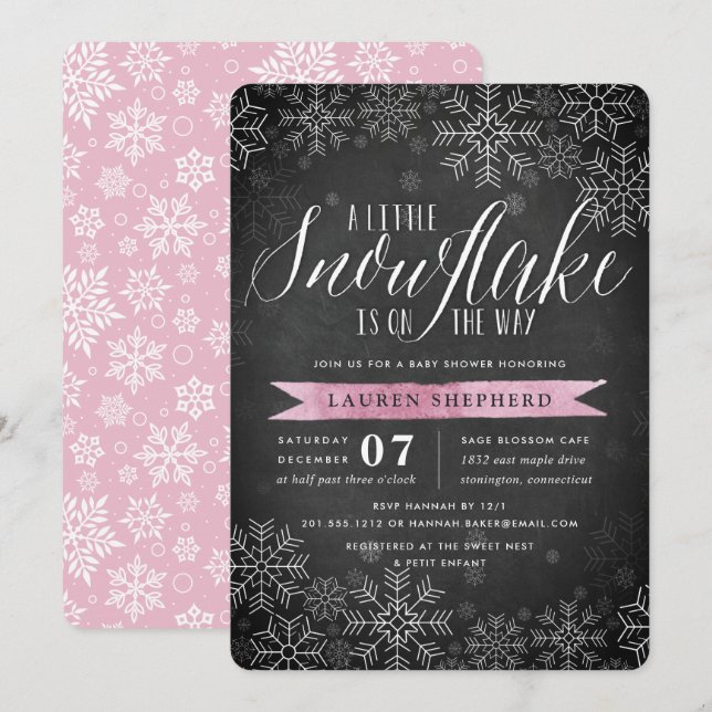 Invitation Petit Baby shower Pink Snowflake Chalkboard (Devant / Derrière)