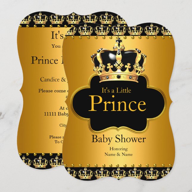 Invitation Petit Baby shower Prince Boy Couronne Black Gold (Devant / Derrière)