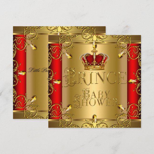Invitation Petit Baby shower Prince Boy Red Gold Crown (Devant / Derrière)