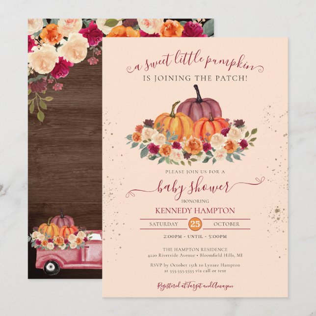 Invitation Petit Baby shower rustique Citrouille neutre entre (Devant / Derrière)