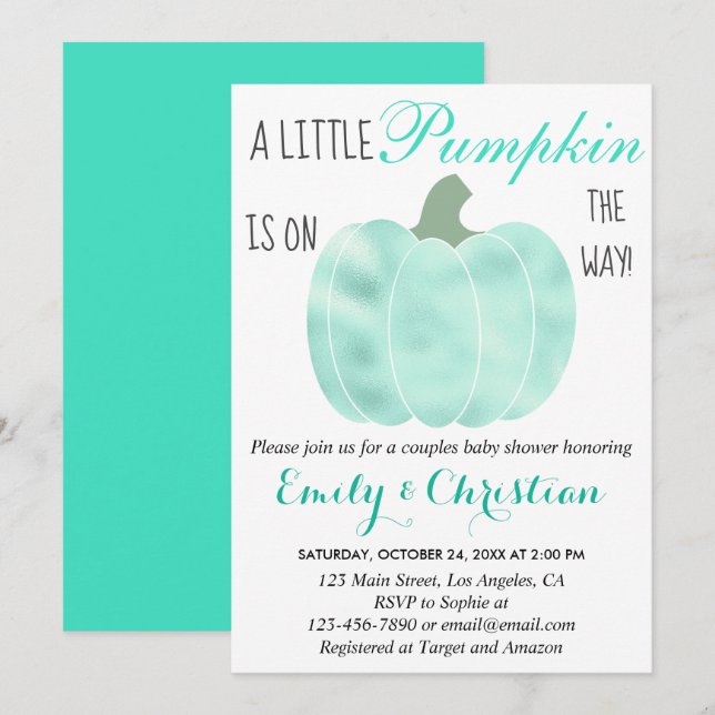 Invitation Petit Baby shower Shimmer Turquoise Aqua Citrouill (Devant / Derrière)