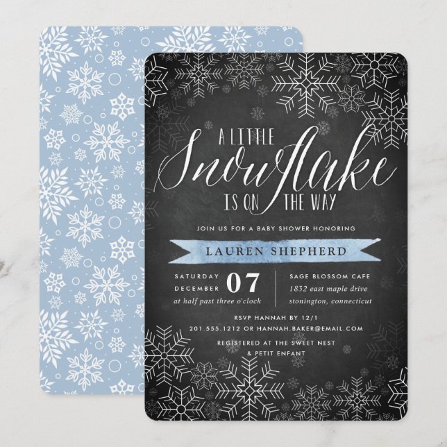 Invitation Petit Baby shower Snowflake Blue Chalkboard (Devant / Derrière)