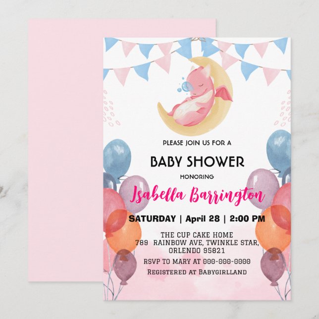 Invitation Petit bébé dragon dinosaure ballon fille baby show (Devant / Derrière)