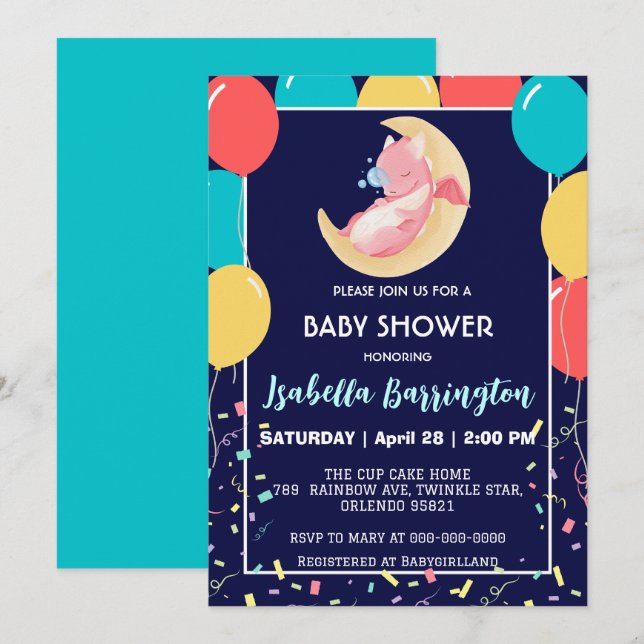 Invitation Petit bébé dragon dinosaure ballon fille baby show (Devant / Derrière)