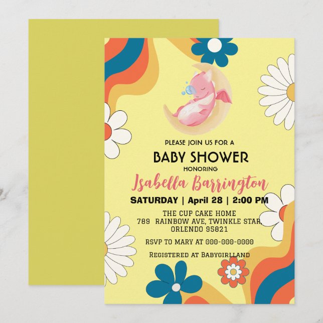 Invitation Petit bébé dragon dinosaure ballon fille baby show (Devant / Derrière)