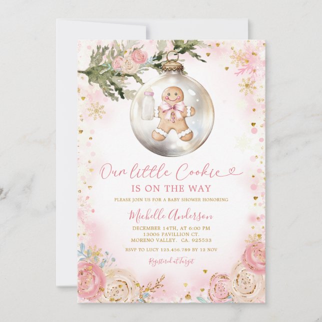 Invitation Petit biscuit rose Or Floral Girl Baby shower (Devant)