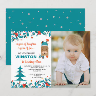 Invitation Petit Bleu Reindeer Noël Garçon Anniversaire Photo