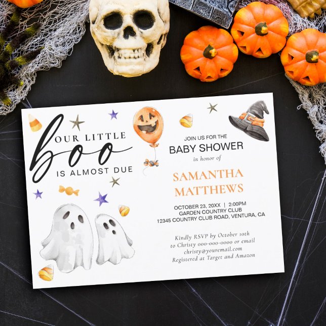 Invitation Petit Boo Halloween Baby shower d'automne (Little Boo is almost due Halloween themed baby shower invitation featuring watercolor ghosts.)