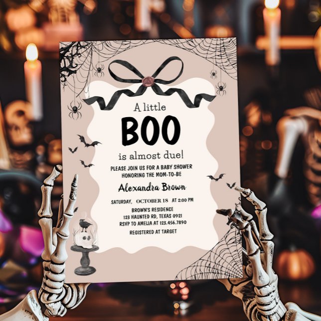 Invitation Petit Boo Halloween Baby shower gothique (Black Bow Little Boo Halloween Gothic Baby Shower Invitation )
