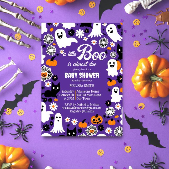 Invitation Petit boo Halloween baby shower grrovy rétro (Little boo Halloween baby shower template invitation digital download groovy retro cute ghosts daisy)
