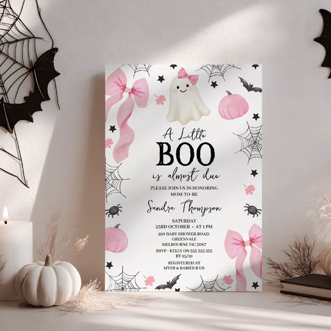 Invitation Petit Bow rose moderne Baby shower presque dû (Little Boo is Almost Due Baby Shower Invitation Template Pink Bow Halloween Theme Baby Shower Invite)