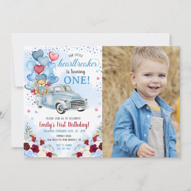 Invitation Petit brise-coeur Bleu Camion Ours Anniversaire Ph (Devant)