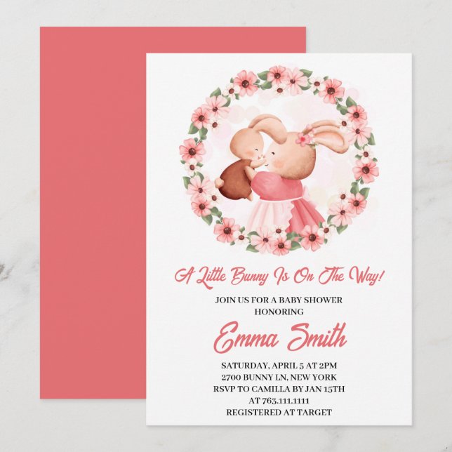 Invitation Petit Bunny Baby shower d'aquarelle florale (Devant / Derrière)