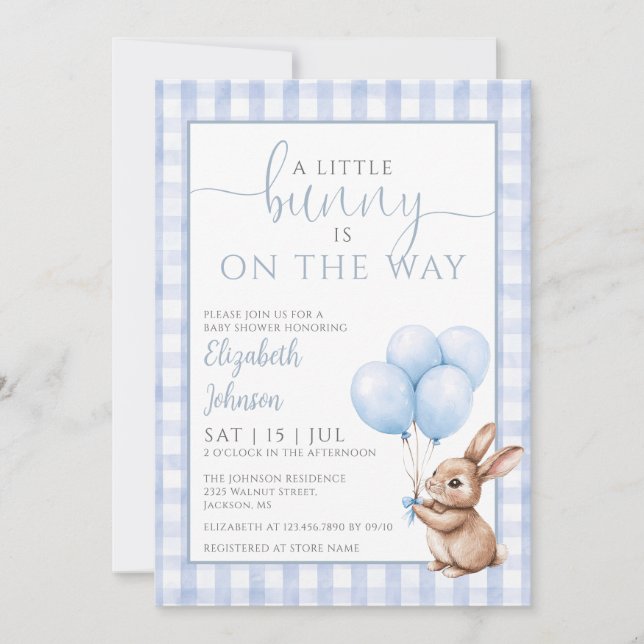 Invitation Petit Bunny Blue Balloons Baby shower garçon (Devant)