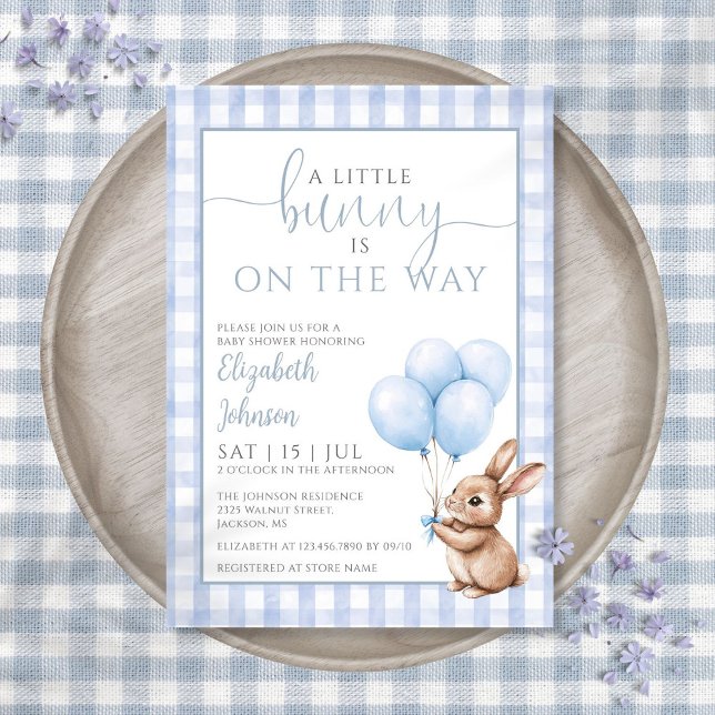 Invitation Petit Bunny Blue Balloons Baby shower garçon (Little Bunny Blue Balloons Boy Baby Shower Invitation)