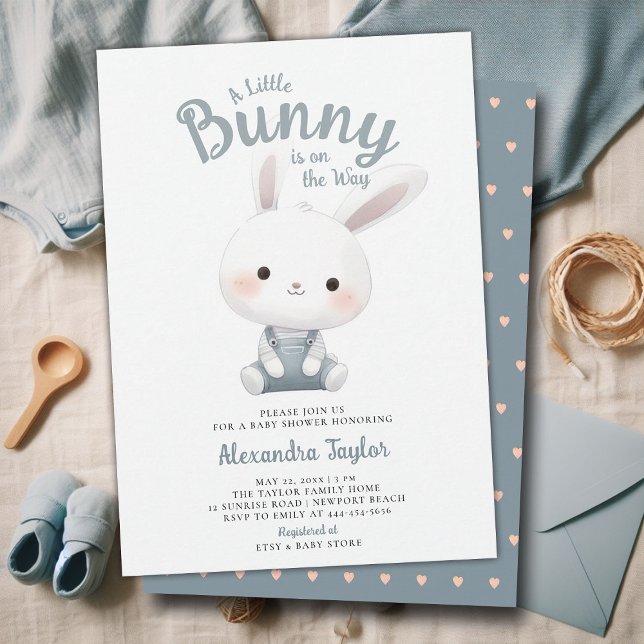 Invitation Petit Bunny Overalls Joli Jardin Bébé Garçon Douch (a little bunny baby boy shower invitation springtime easter garden picnic dusty blue overalls sweet)