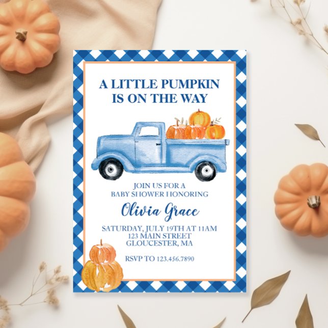 Invitation Petit camion bleu Citrouille Baby shower d'automne (Créateur téléchargé)
