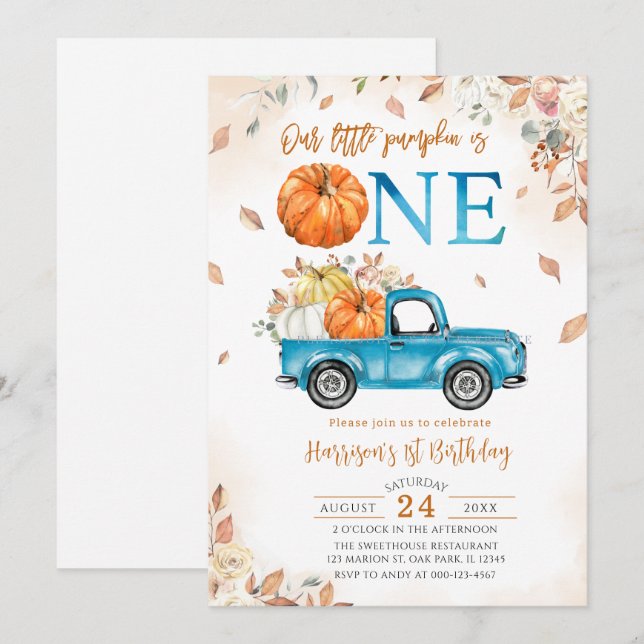 Invitation Petit Camion bleu Citrouille Premier anniversaire (Devant / Derrière)