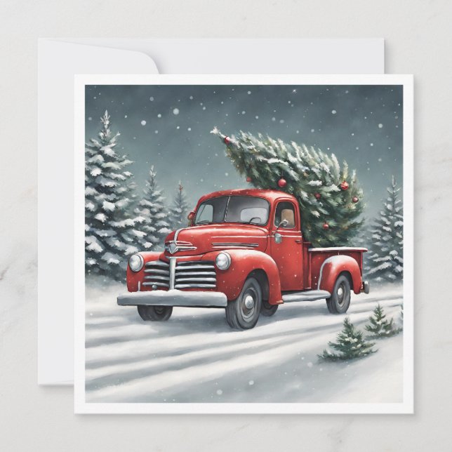 Invitation Petit Camion Rouge qui transporte un sapin de Noël (Devant)