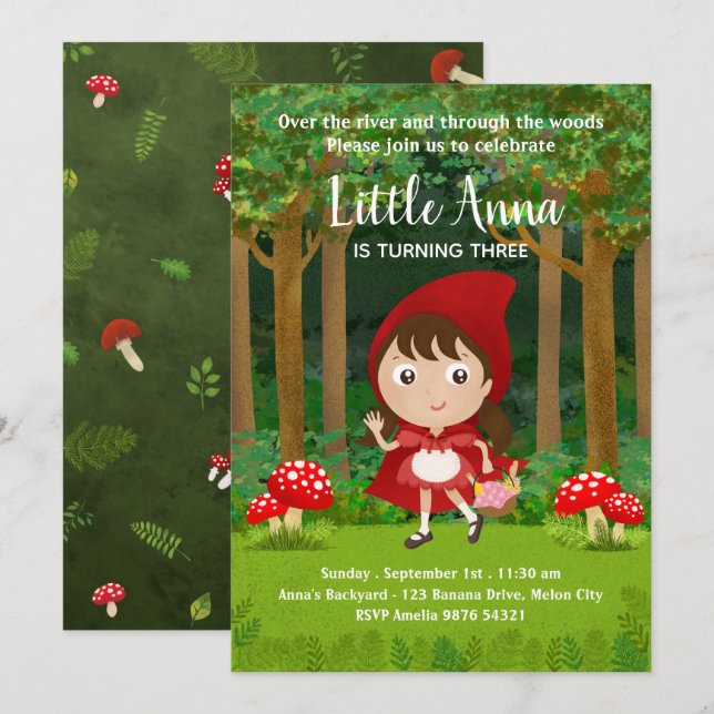 Invitation Petit chaperon rouge| Anniversaire de la fille des (Devant / Derrière)