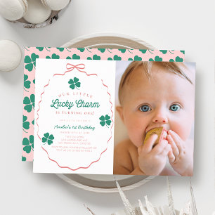 Invitation Petit Charme Porte-Bonheur Rose Photo 1er Annivers