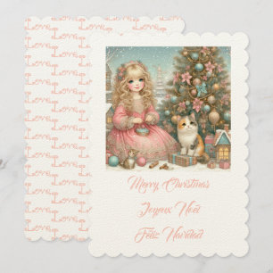Invitation Petit chat et fille, Joyeux Noël