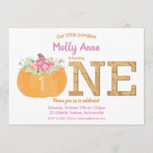 Invitation Petit Citrouille 1er anniversaire fille automne fl