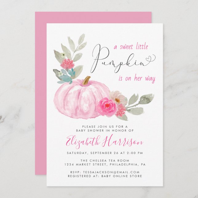 Invitation Petit Citrouille Aquarelle Bébé Fille Douche (Devant / Derrière)