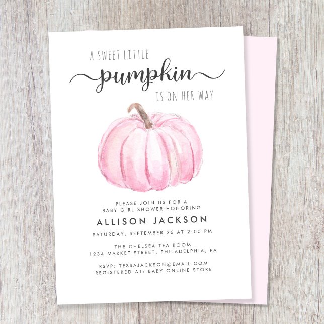 Invitation Petit Citrouille Aquarelle Bébé Fille Douche (Celebrate the upcoming arrival of your autumn baby girl with a pink pumpkin-themed baby shower)