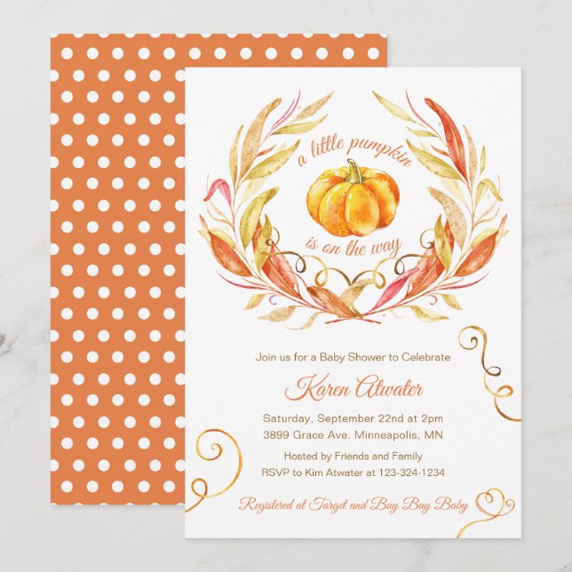 Invitation Petit Citrouille Automne Baby shower d'automne Inv (Devant / Derrière)
