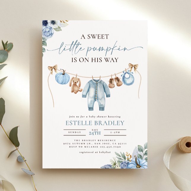 Invitation Petit Citrouille Automne Blue Floral Boy Baby show (Créateur téléchargé)