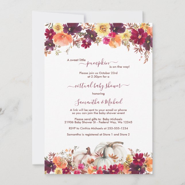 Invitation Petit Citrouille Automne Floral Baby shower virtue (Devant)