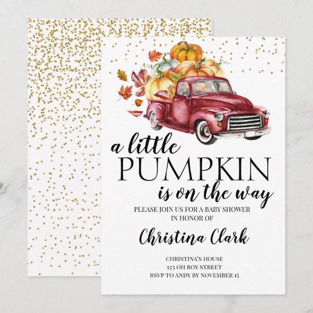 Invitation Petit Citrouille Automne jolie Baby shower Camion  (Devant / Derrière)