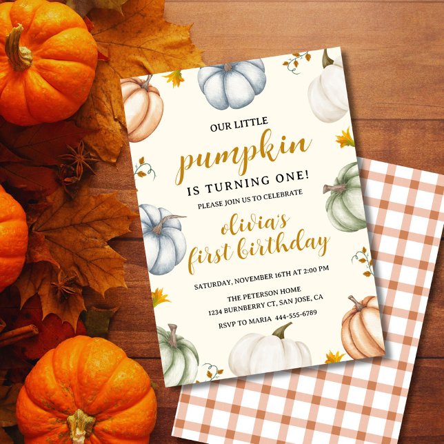 Invitation Petit Citrouille Automne Premier Anniversaire (Rustic pumpkin birthday invite with colorful pumpkins and editable party text)