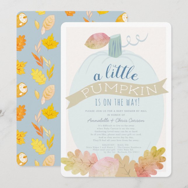 Invitation Petit Citrouille Baby shower bleu bébé par courrie (Devant / Derrière)
