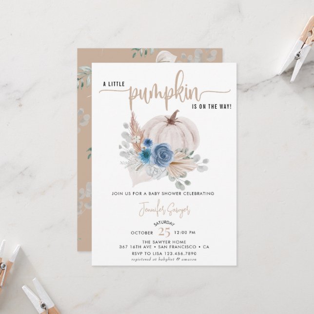 Invitation Petit Citrouille | Baby shower d'automne (Devant/Arrière en situation)