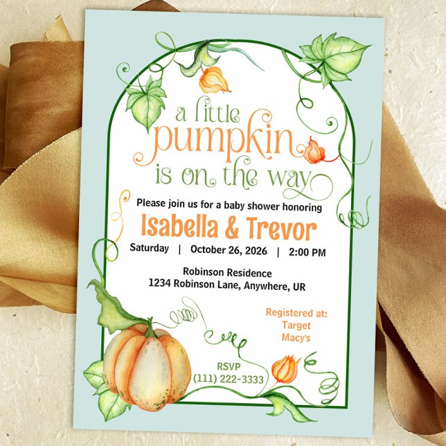 Invitation Petit Citrouille Baby shower d'automne Neutre homm (Little Pumpkin on the Way Autumn Baby Shower Fairytale Invitation)