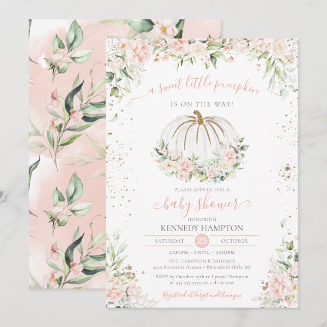 Invitation Petit Citrouille, Baby shower d'automne rose (Devant / Derrière)