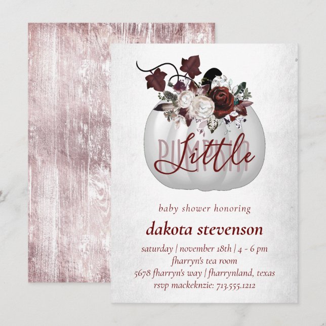 Invitation Petit Citrouille | Baby shower floral rose foncé (Devant / Derrière)