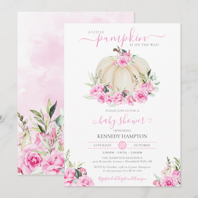 Invitation Petit Citrouille Baby shower Floral Rose rose  fil (Devant / Derrière)